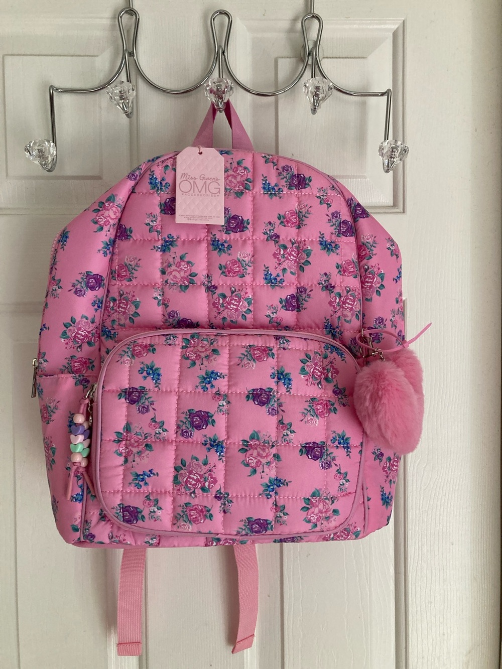 OMG Pink Floral Quilted Kids Backpack with Pom-Pom Charm